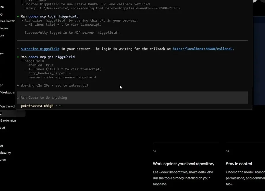 Codex CLI の /mcp 出力。blender、codex_apps、fal-ai、godot、node_repl、unity が接続済み、higgsfield が failed、モデルは gpt-6-astra xhigh