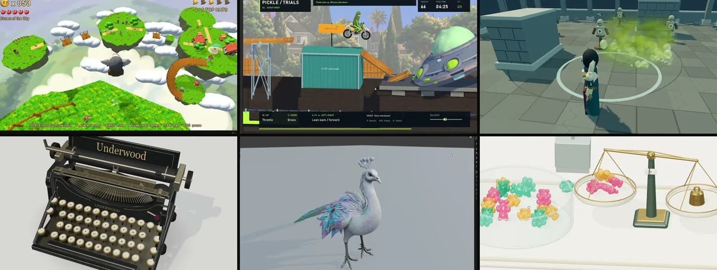 GPT-6 Astra テストの結果 6 点:Unity の Mr Mak 64 プラットフォーマー、バイクゲーム Pickle Trials、Three.js の Spell Arena、img2threejs のタイプライター、Blender の Aurora Drake、Gummy Balance