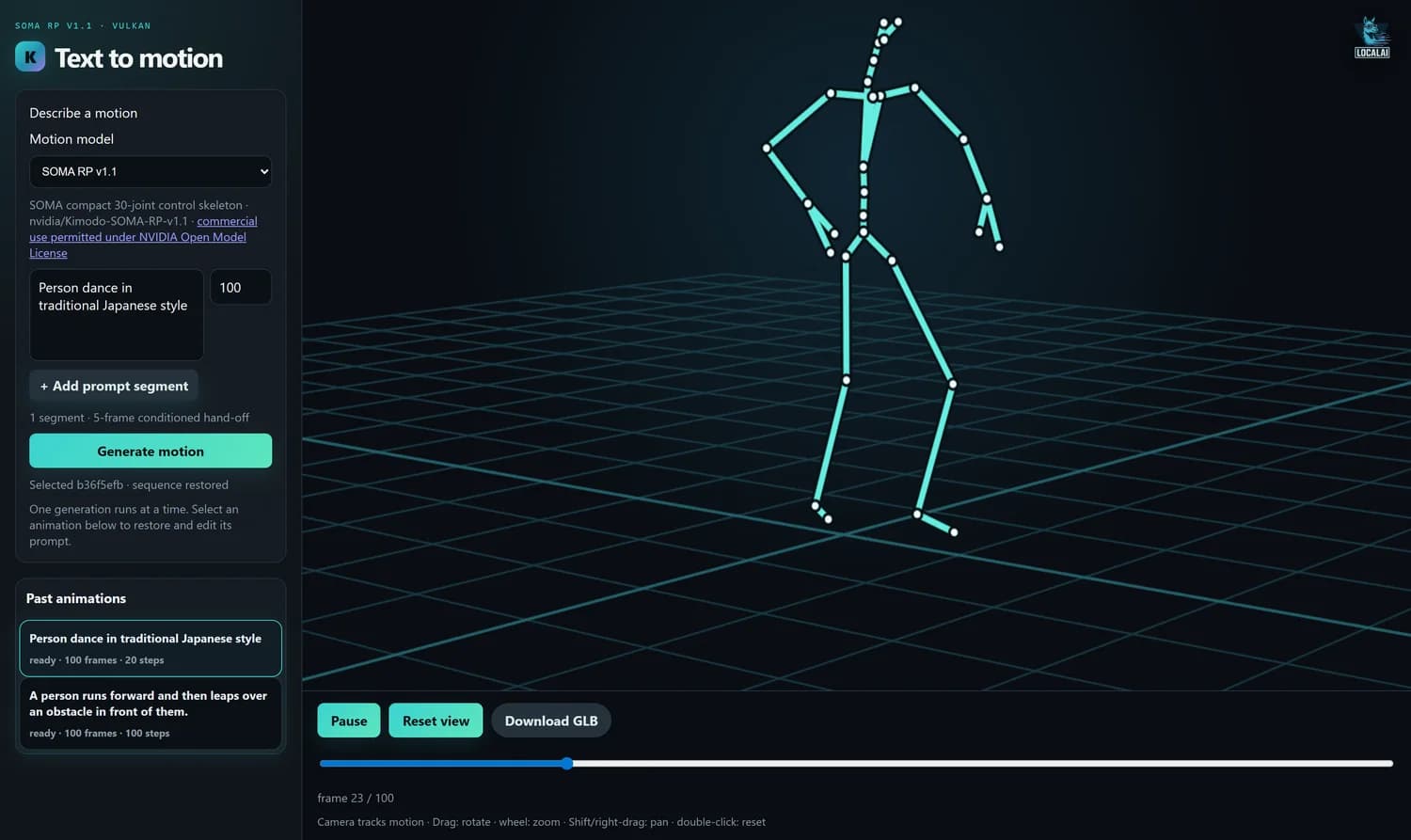 모션 모델 선택기, 프롬프트 입력창, 3D 스켈레톤 미리보기가 있는 kimodo.cpp 로컬 웹 인터페이스