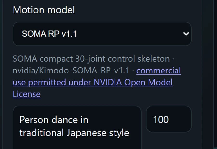 SOMA 골격 설명과 상업적 사용 라이선스 문구가 보이는 kimodo.cpp 모델 선택 화면