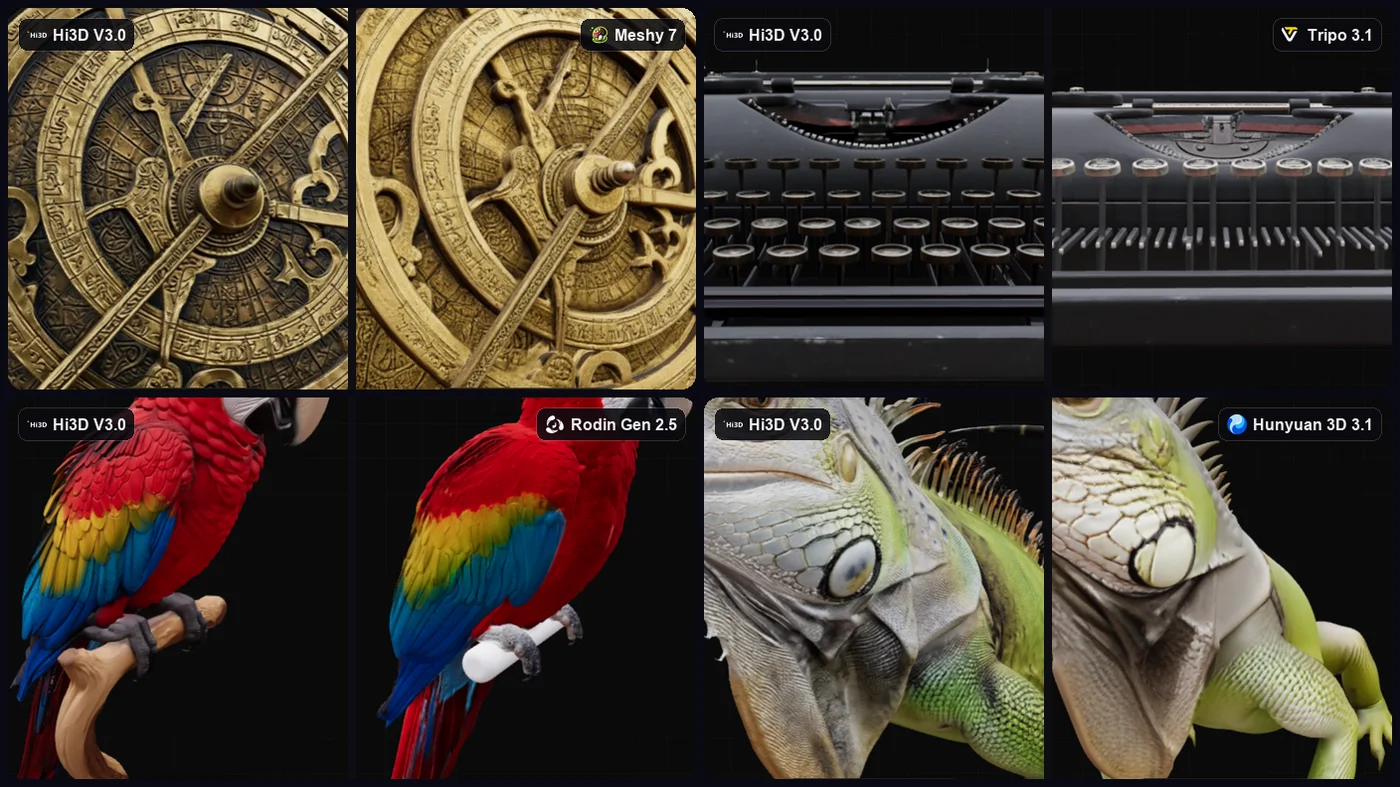 Four Arena matchups side by side: Hi3D V3.0 against Meshy 7, Rodin Gen 2.5, Tripo 3.1 and Hunyuan 3D 3.1 on the same prompts