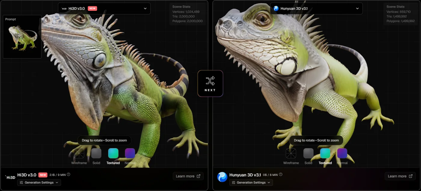 Close-up of Hi3D V3.0 and Hunyuan 3D 3.1 green iguanas in the top3d.ai compare tool