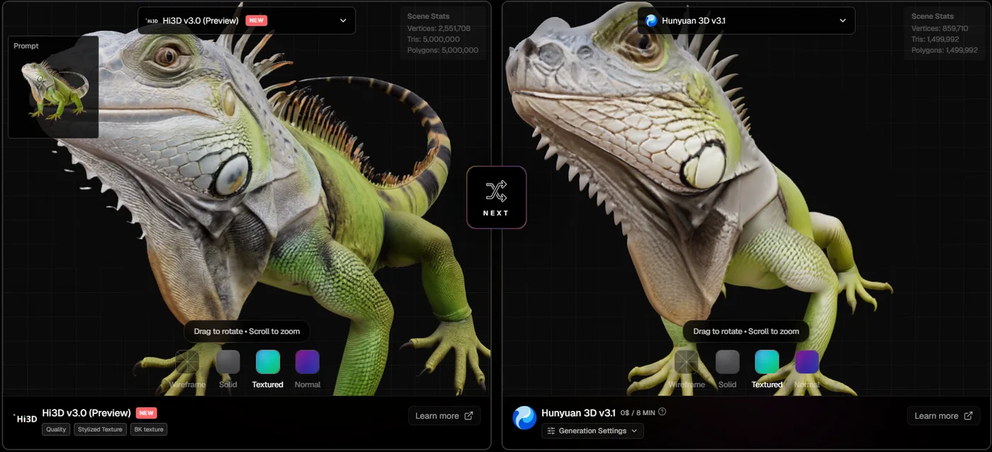 Close-up of Hi3D V3.0 and Hunyuan 3D 3.1 green iguanas in the top3d.ai compare tool