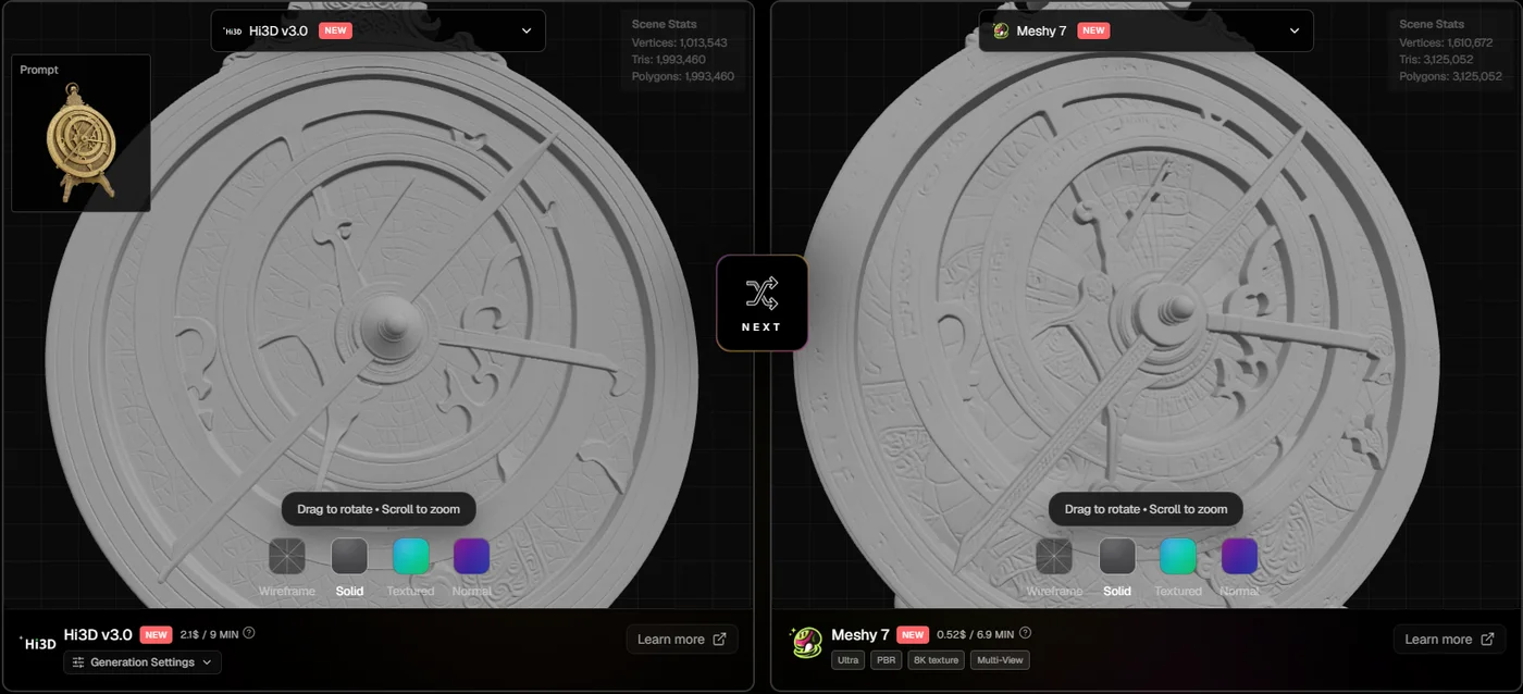 Untextured geometry view of the Hi3D V3.0 and Meshy 7 astrolabe comparison