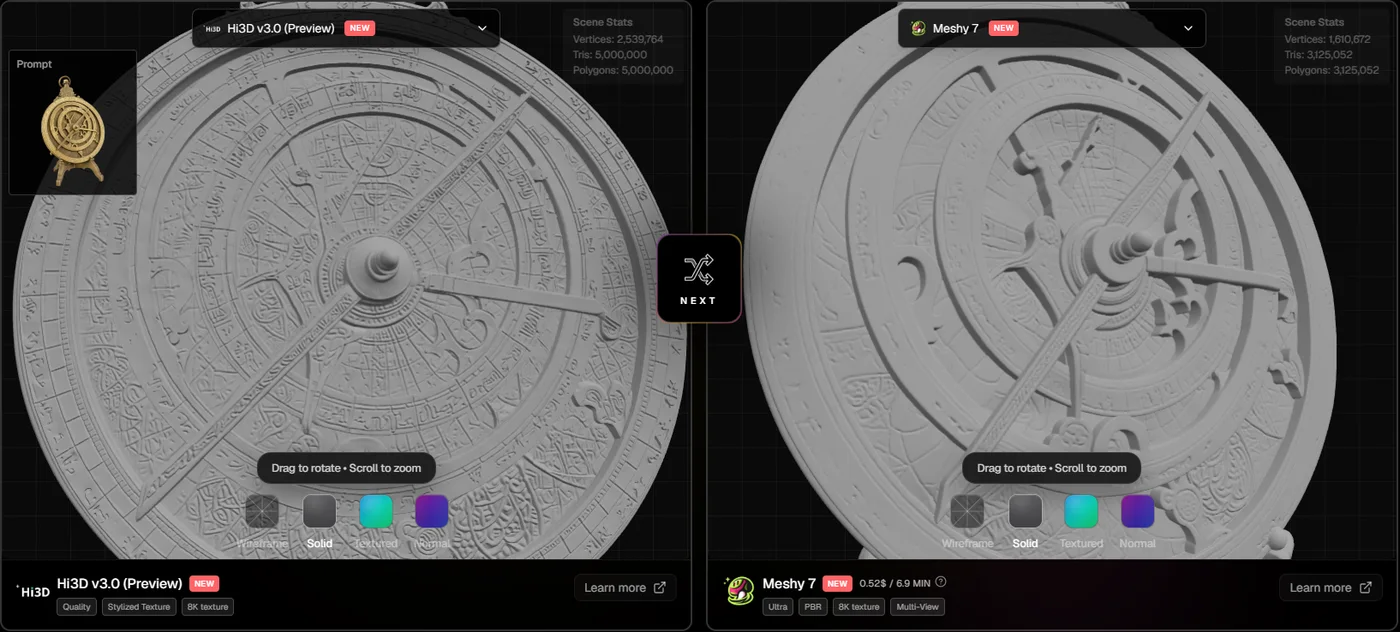 Untextured geometry view of the Hi3D V3.0 and Meshy 7 astrolabe comparison