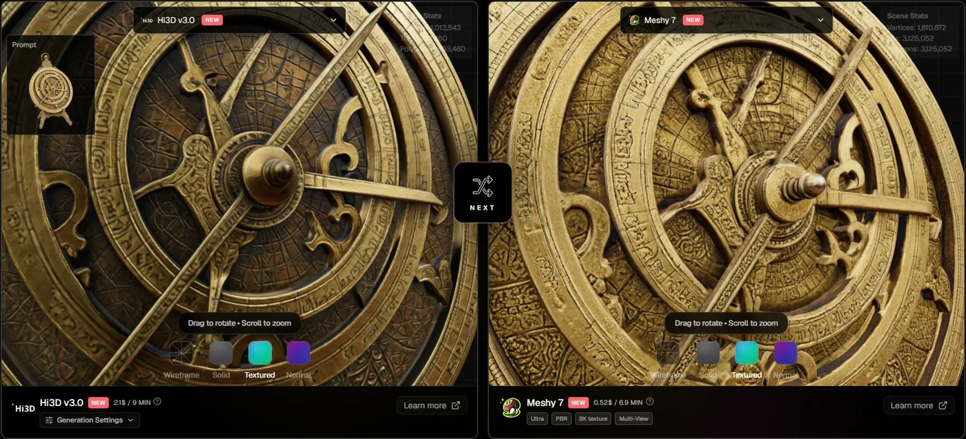 Close-up of Hi3D V3.0 and Meshy 7 brass astrolabes in the top3d.ai compare tool