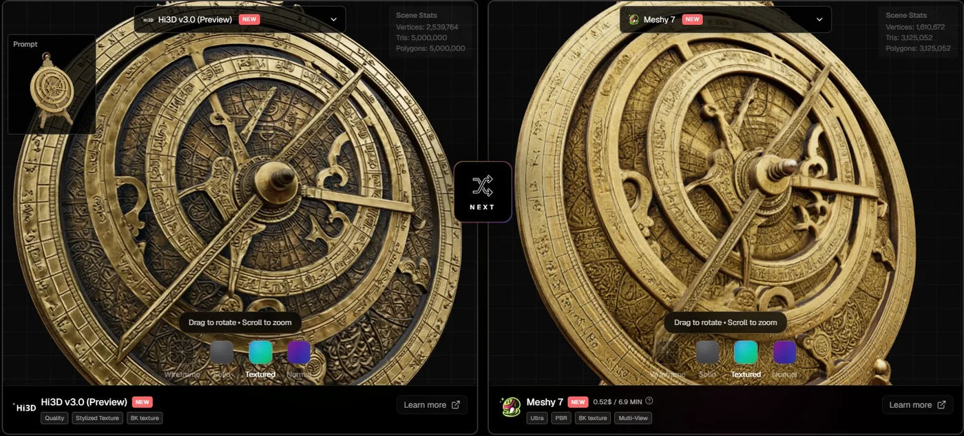 Close-up of Hi3D V3.0 and Meshy 7 brass astrolabes in the top3d.ai compare tool
