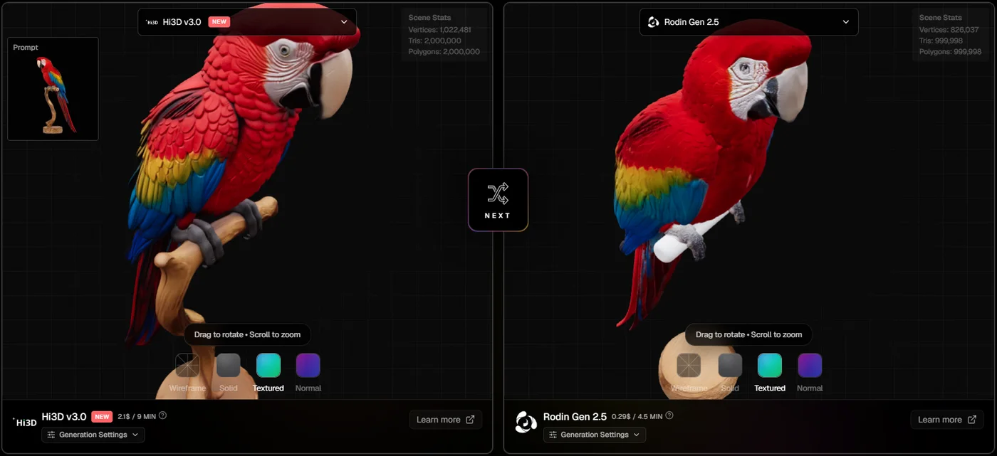 Hi3D V3.0 and Rodin Gen 2.5 scarlet macaws side by side in the top3d.ai compare tool
