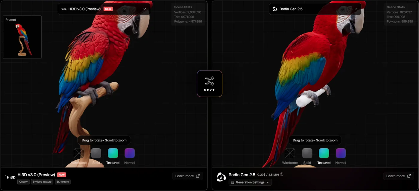 Hi3D V3.0 and Rodin Gen 2.5 scarlet macaws side by side in the top3d.ai compare tool