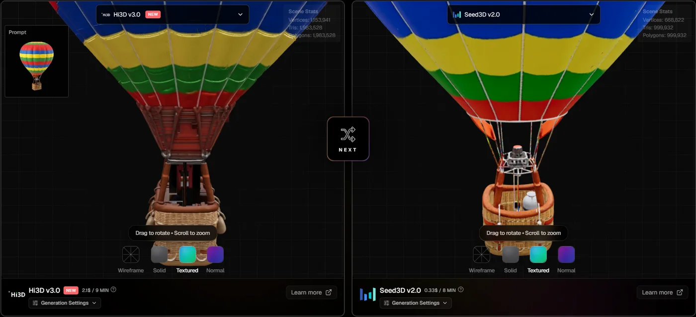 Close-up of Hi3D V3.0 and Seed3D 2.0 hot-air balloon baskets in the top3d.ai compare tool