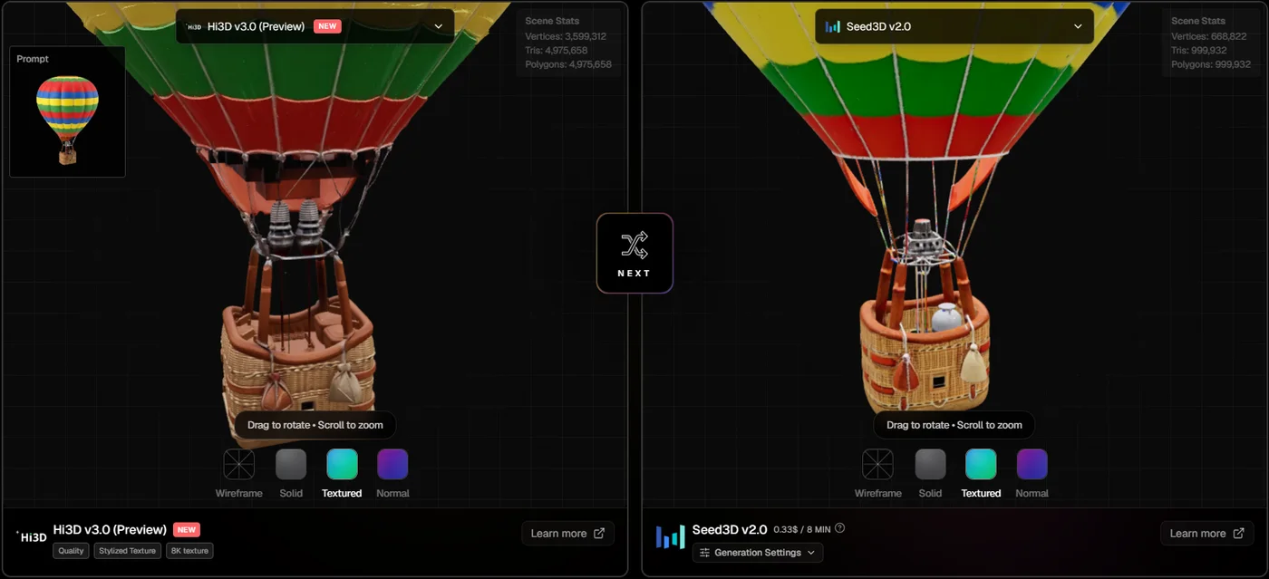 Close-up of Hi3D V3.0 and Seed3D 2.0 hot-air balloon baskets in the top3d.ai compare tool