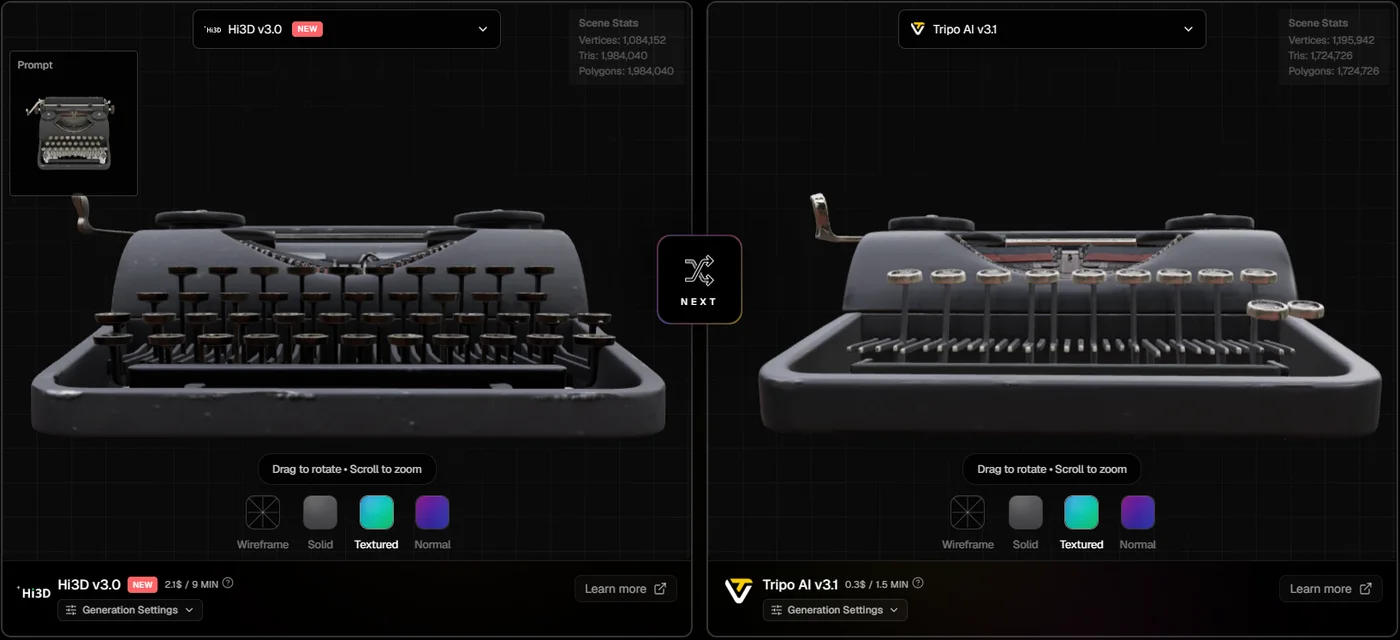 Close-up of Hi3D V3.0 and Tripo 3.1 vintage typewriters in the top3d.ai compare tool