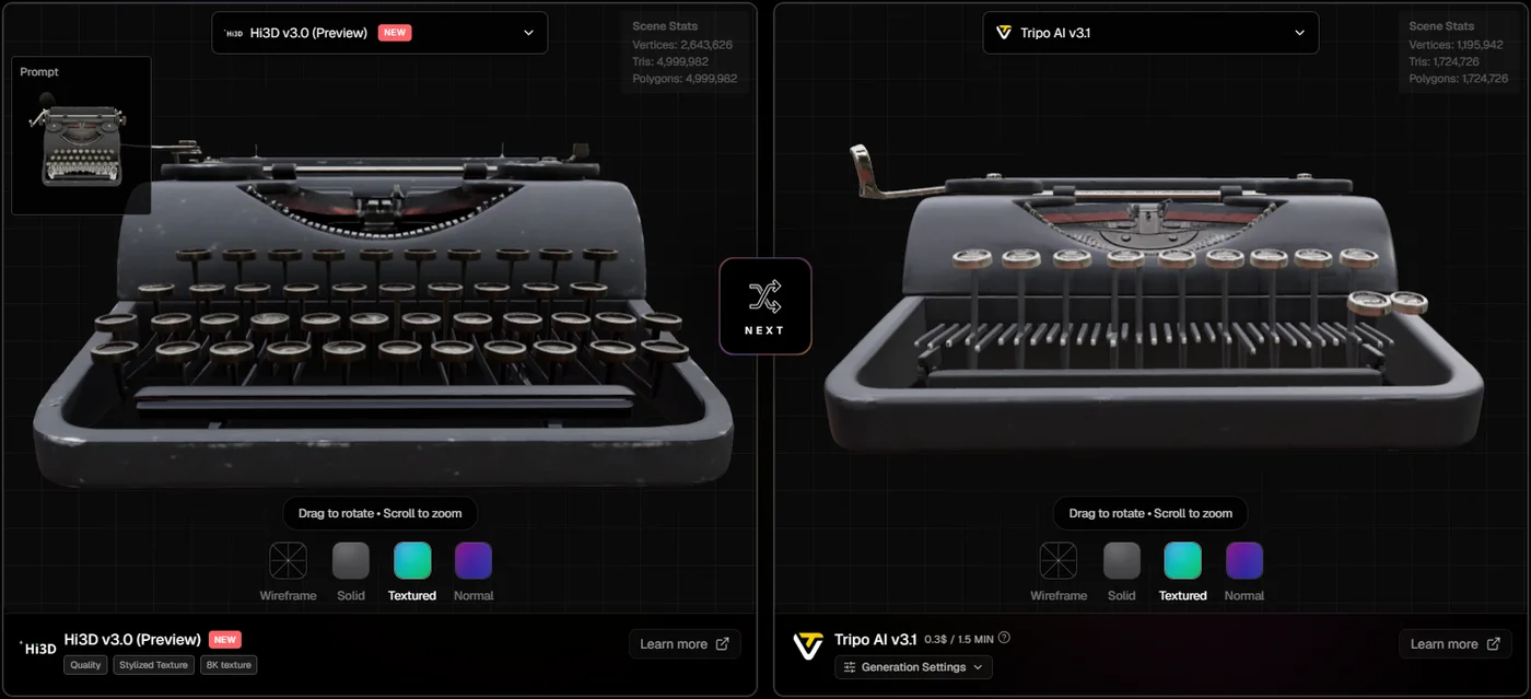 Close-up of Hi3D V3.0 and Tripo 3.1 vintage typewriters in the top3d.ai compare tool