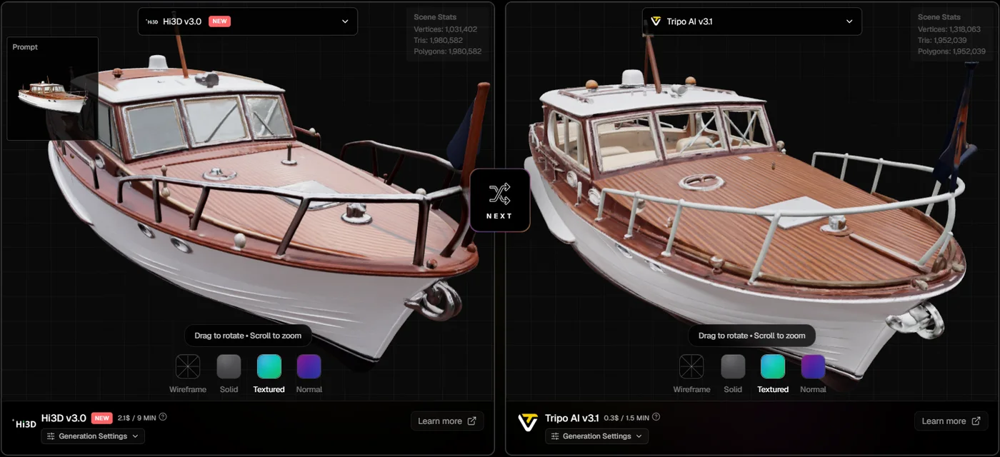 Close-up of Hi3D V3.0 and Tripo 3.1 motor yachts in the top3d.ai compare tool