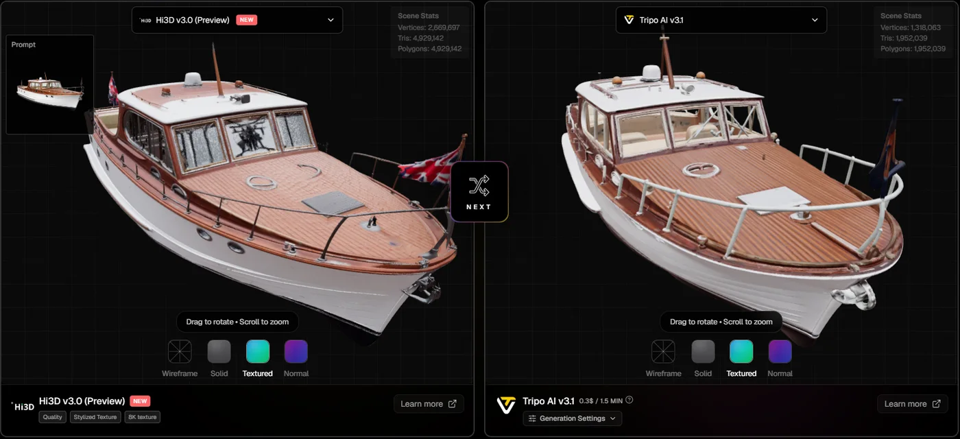 Close-up of Hi3D V3.0 and Tripo 3.1 motor yachts in the top3d.ai compare tool