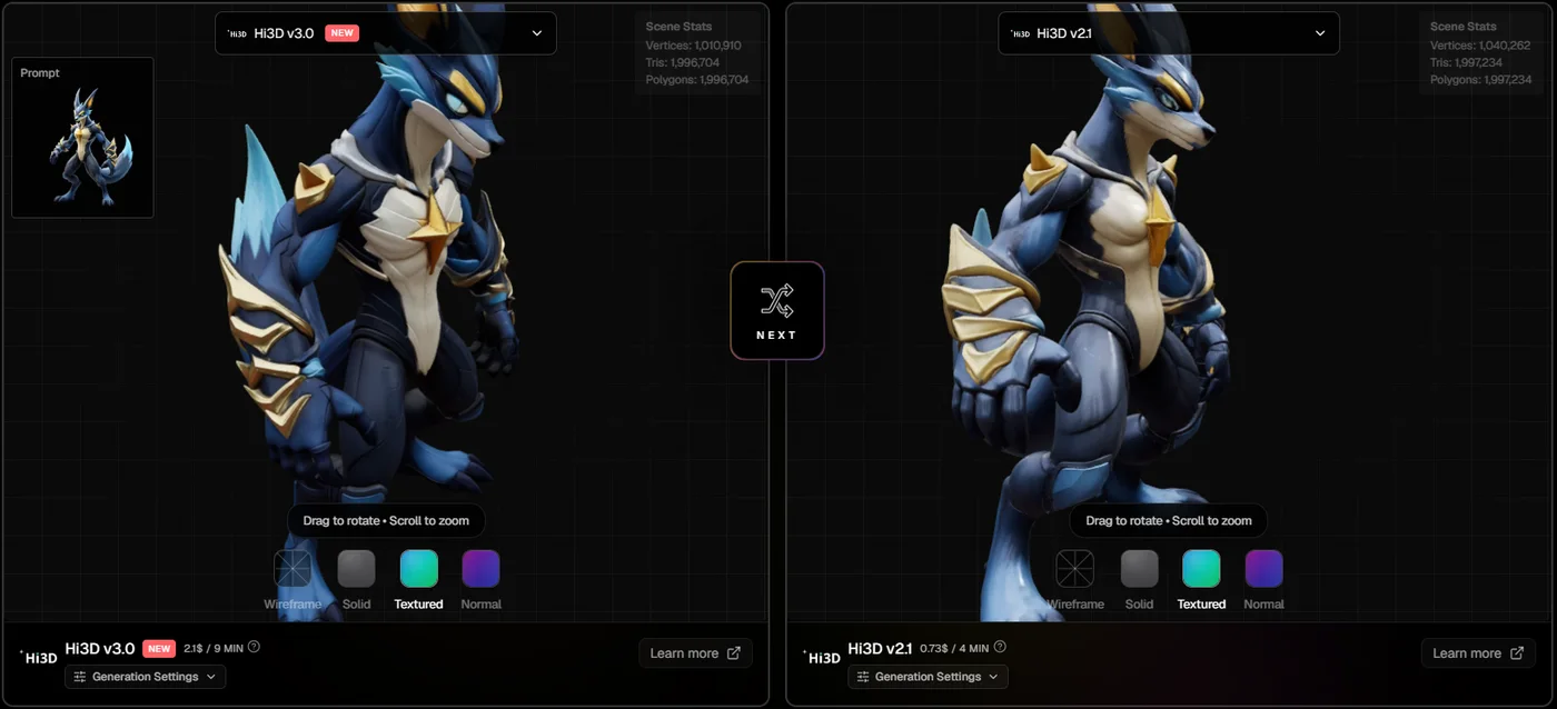 Hi3D V3.0 and Hi3D V2.1 anthro characters side by side in the top3d.ai compare tool