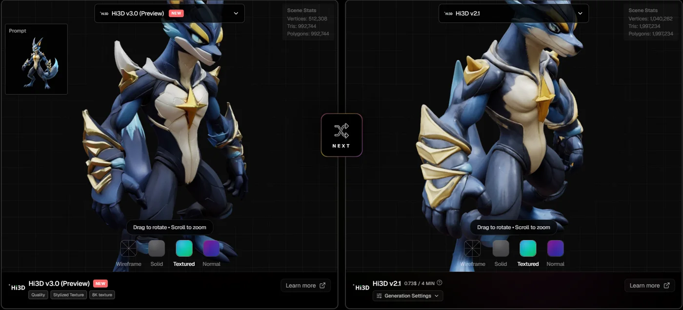 Hi3D V3.0 and Hi3D V2.1 anthro characters side by side in the top3d.ai compare tool