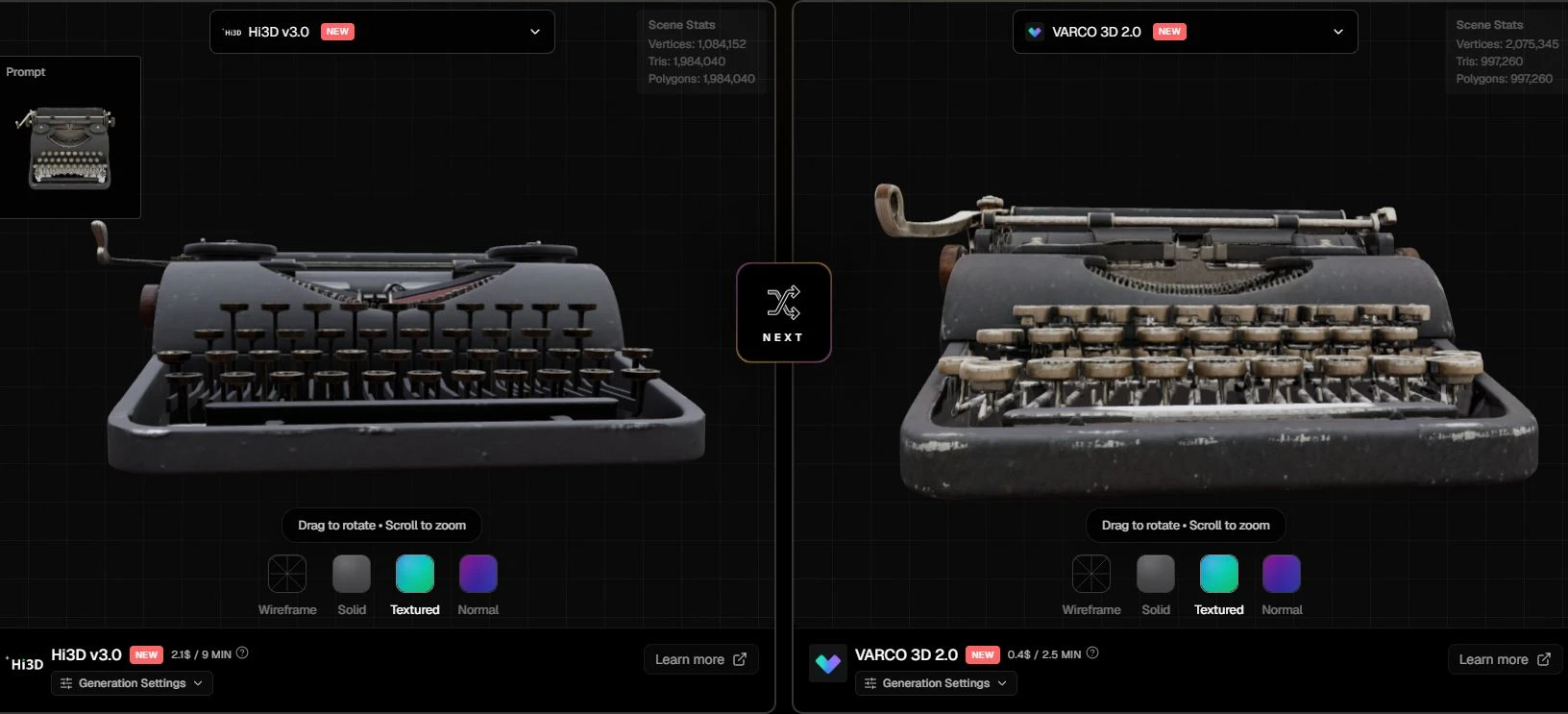 VARCO 3D 2.0 と比較したタイプライター。キーの列や機械部品の細い隙間を確認し、両モデルを回転させて背面の構造も見てください。