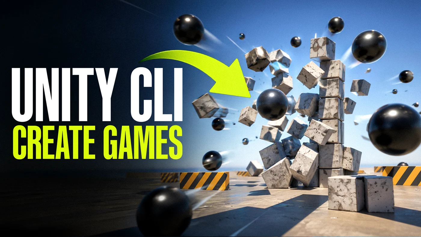 Unity CLI 키 아트: 무거운 구체에 부서지는 돌탑과 Unity CLI Create Games 문구